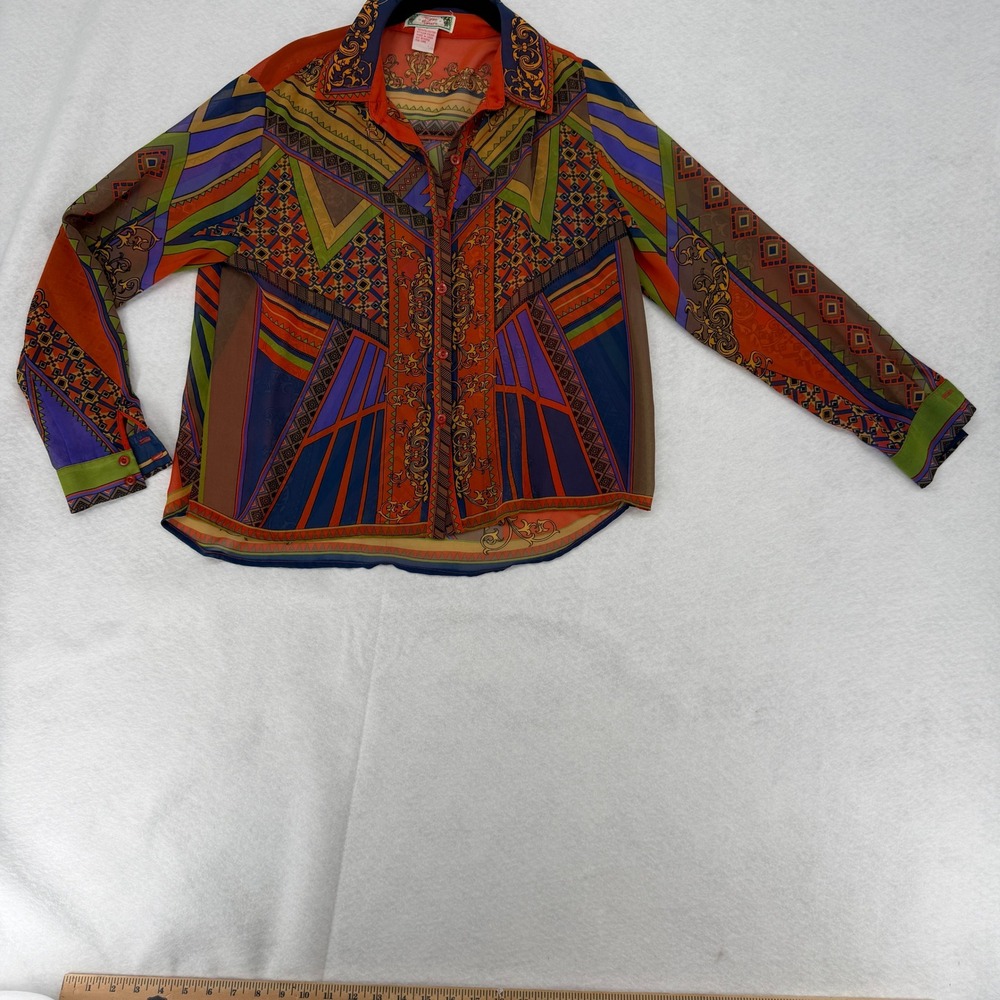 Flying‎ Tomato Womens Geometric Baroque Print Sheer Button Blouse Multi IT6289 S